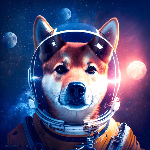 鮮やかなカラフルな宇宙空間でシュールなかわいい柴犬宇宙飛行士の肖像画