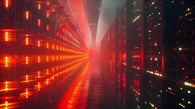 surreal data center network illumination tunnel with glowing cyber matrix