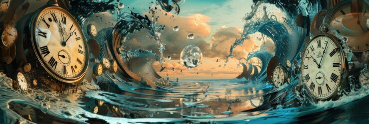 A surreal depiction of melting clocks dripping onto a barren landscape