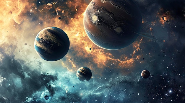 Фото Сюрреалистическое изображение планет с видимыми орбитами на фоне яркой туманности