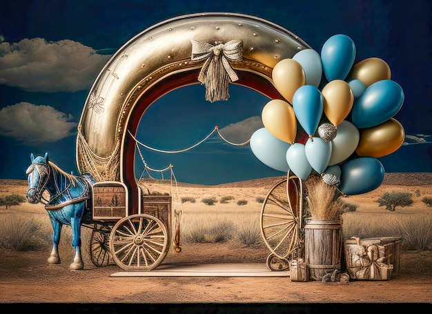 Surreal Desert Carriage Entrance with Balloons