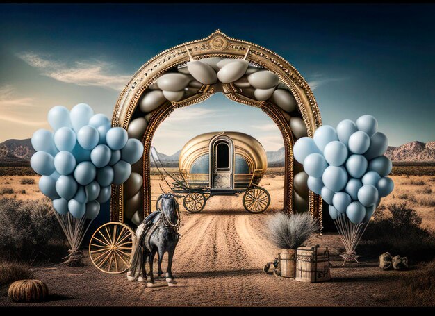 Surreal Desert Carriage Entrance with Balloons