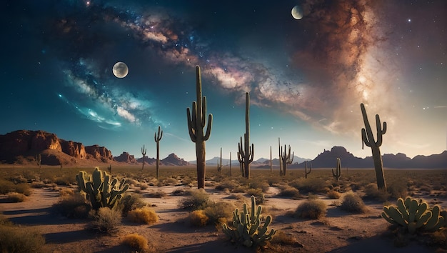 Photo a surreal desert landscape with floating islands upside down and a sky filled with swirling galaxies