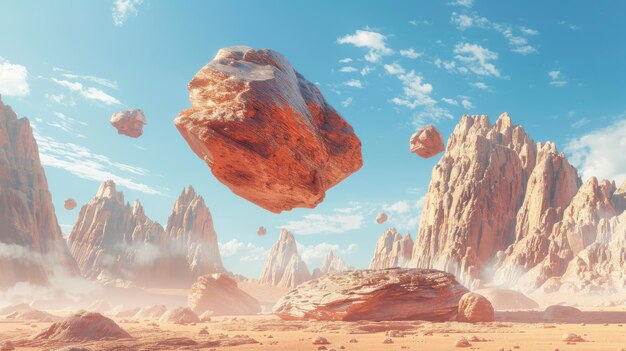 Surreal desert landscape with floating rocks and clear sky