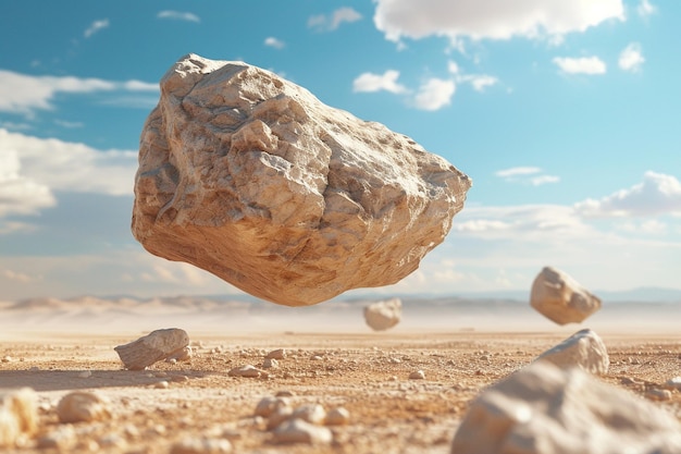 Surreal desert landscape with levitating rocks oct