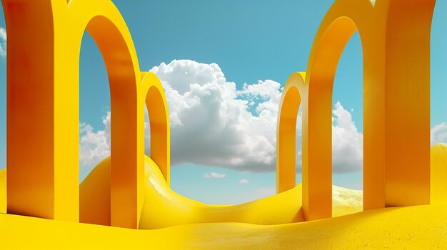 Surreal desert landscape with yellow arches and white clouds in the blue sky