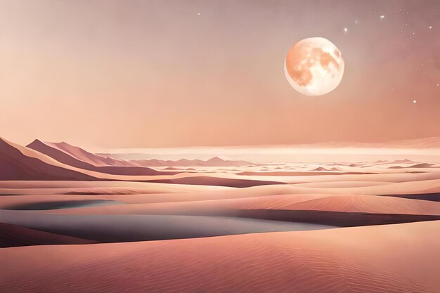 Фото Сюрреалистичный пейзаж пустынной планеты с гигантской луной в стиле винтажного плаката