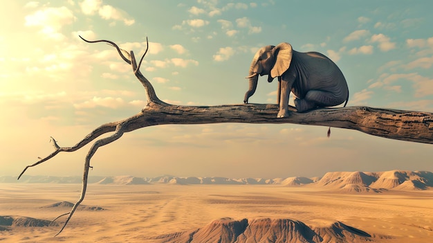 Photo surreal desert scene with an elephant balanced on a branch a blend of reality and fantasy for creative backgrounds serene yet thoughtprovoking ideal for imaginative projects ai