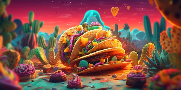 Surreal Desert Scene with Tacos and Cacti Under a Pink Sky Generative AI