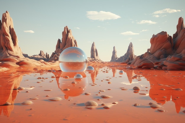 Surreal desert with floating mirages