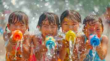 Photo surreal digital art montage of children laughing and playing with water guns on world water day