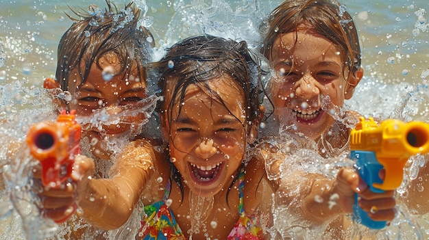 Surreal digital art montage of children laughing and playing with water guns on World Water Day