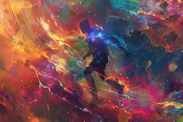 surreal digital artwork of a silhouette figure amidst a vibrant colorful cosmic swirl representing creativity and imagination