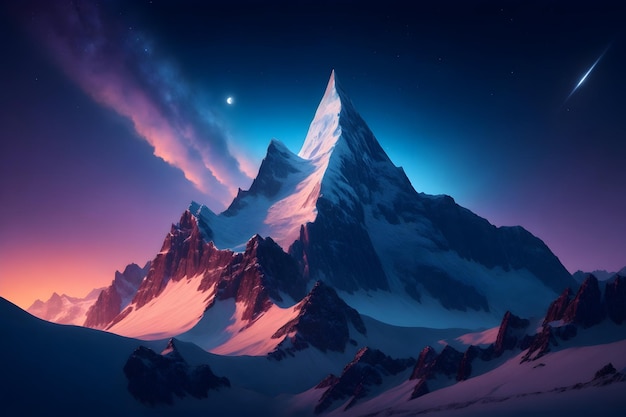 A surreal digital painting of a mountain range generated by Ai