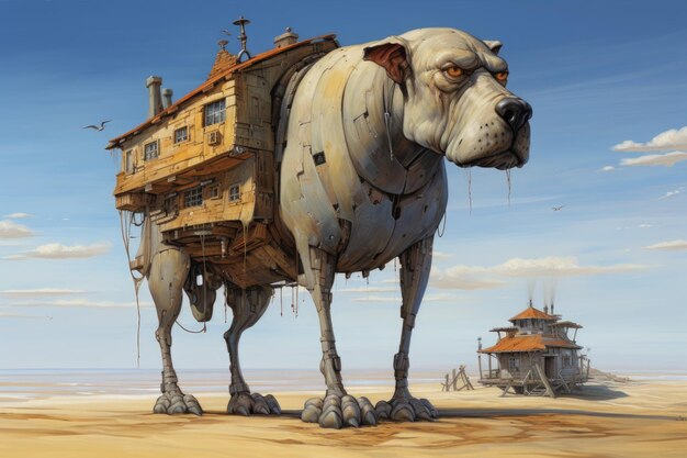 A surreal dog house on a desert background Drawing