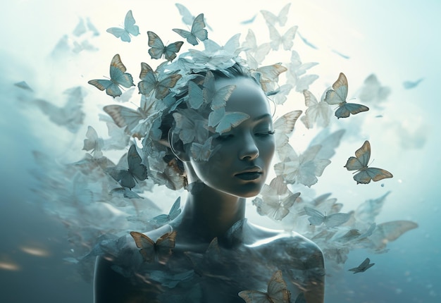 Surreal double exposure image of woman and butterflies Great for ads book covers posters and more