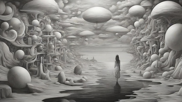 Surreal Dream Fantasy Monochrome Sketch Illusion (Surrealistische droomfantasie monochrome schetsillusie)