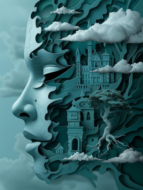 Photo surreal dreamlike art of human face with intricate landscape and architectural elements in moody