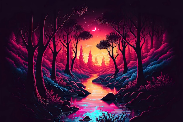超現実的な夢のような風景 輝く虹色の川のある森 明るく幻想的な色が不思議と魔法のような背景を与えます レトロな Synthwave ジェネレーティブ AI