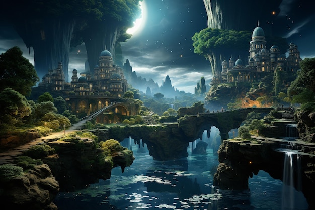 A surreal and dreamlike landscape with floating island