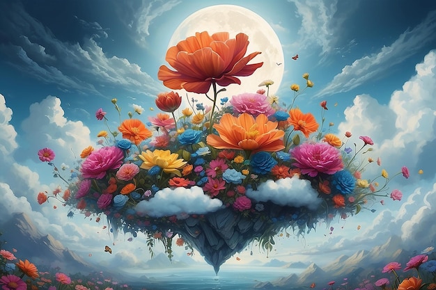 Сюрреалистический пейзаж с цветами, плавающими на облаках