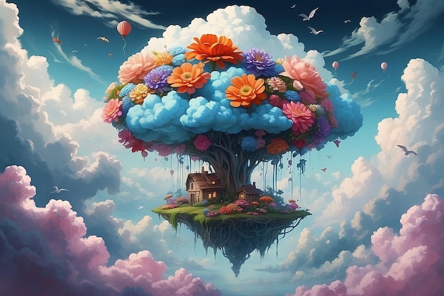 Surreal Dreamscape Pappy Flowers Floating on Clouds Artwork