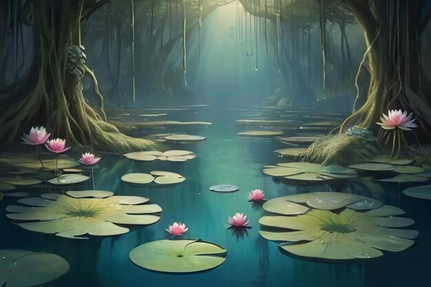 写真 魔法の湖の芸術作品から現れる超現実的な魔法の水蓮