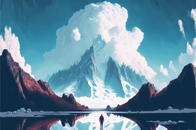 В сюрреалистической среде изображен человек, идущий по облакам и смотрящий на перевернутые горы. Концепция фэнтези.