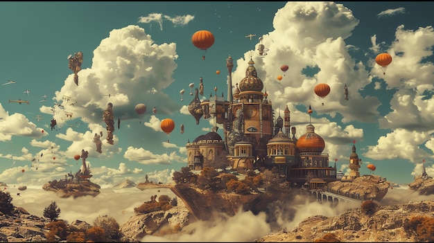 Surreal fantasy landscape with floating steampunk city above the clouds with hot air balloons and airships