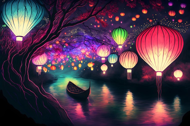 Surreal fantasy lantern festival colorful lanterns on trees glowing brightly over night river surface neural network generated art