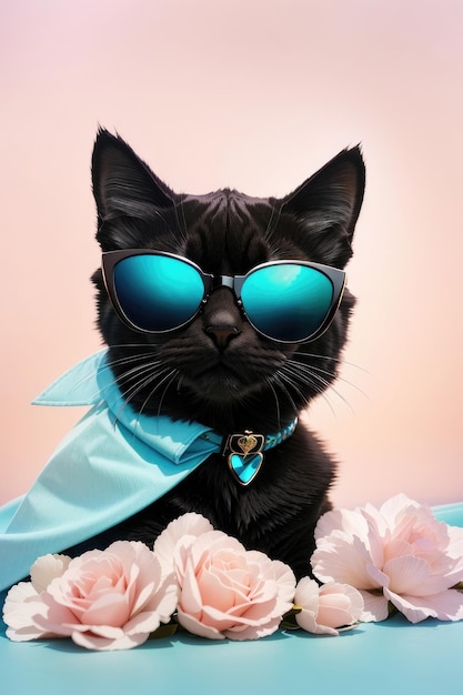 초현실적인 고양이 시크 선글래스 차양을 입은 스타일리시한 검은 고양이 키티