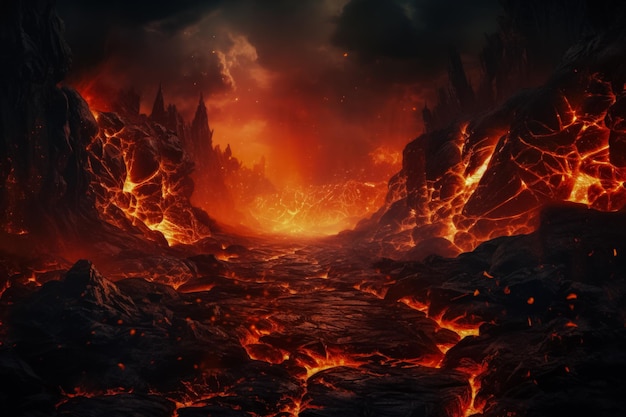 Surreal fiery lava flows in barren landscapes background with empty space for text