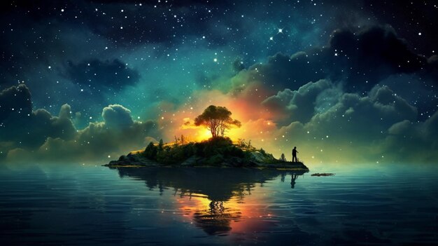 Surreal float island in a starry night sky