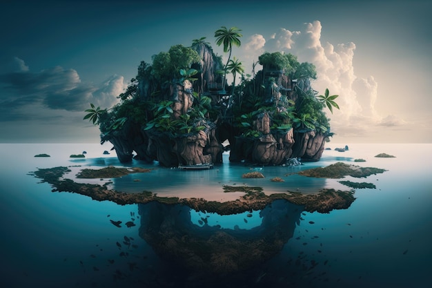 A surreal float island surrounded by tropical plants and a mystical blue lagoon