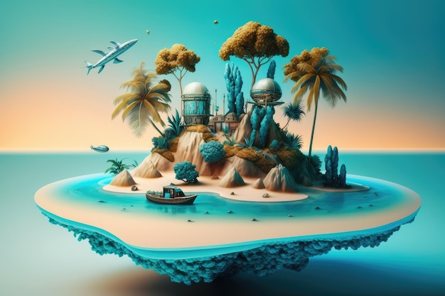A surreal float island with a beach palm trees and a clear blue ocean in the background