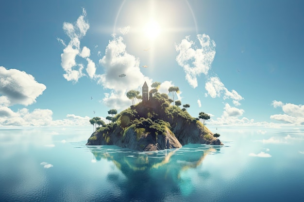 Сюрреалистический плавучий остров с облаками и солнцем в окружении голубого неба