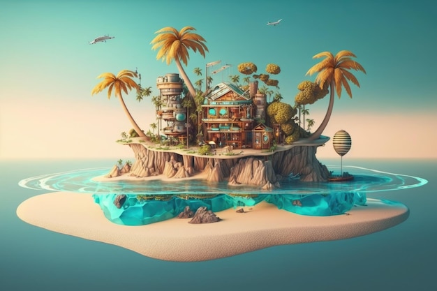 A surreal float island with palm trees and a beach bar surrounded by crystal clear water