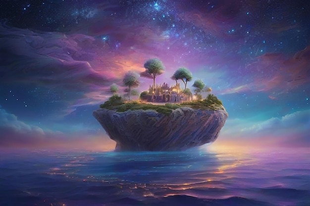 Photo surreal float island in a world of perpetual twilight with the sky drenched in purple and pink hues