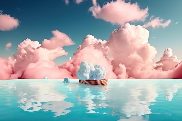 Surreal float landscape with dreamlike sky and clouds