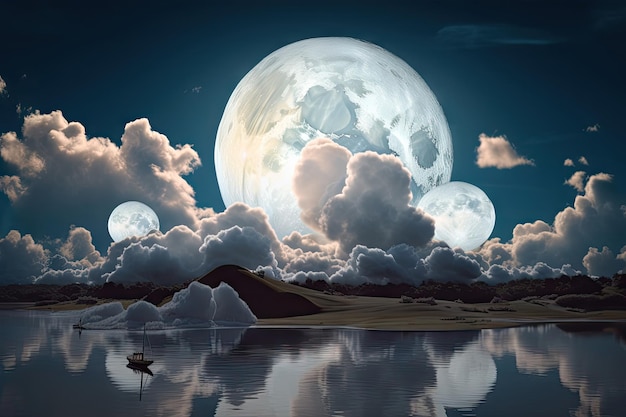 A surreal float landscape with floating clouds and a full moon