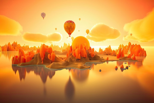 オレンジと黄色の色彩の超現実的な浮遊景色