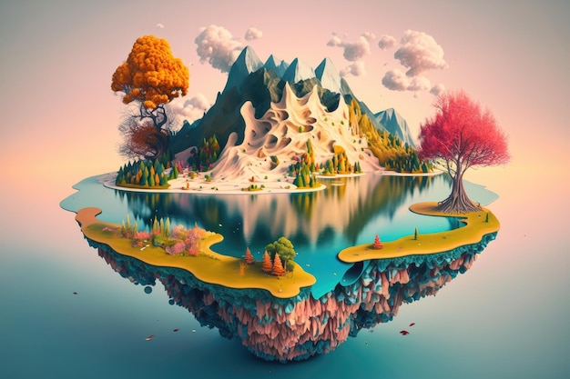 A surreal floating island of bright colors and patterns amidst a serene lake