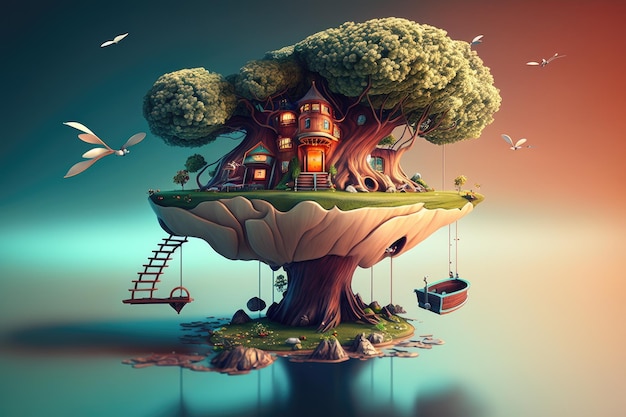 A surreal floating island with a tree house swings and other whimsical structures