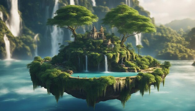 Surreal floating island with waterfalls and lush vegetation dreamy otherworldly high detail land