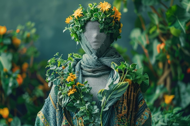 Surreal Floral Mannequin in Lush Green Garden Artistic Display with Flowers and Plants