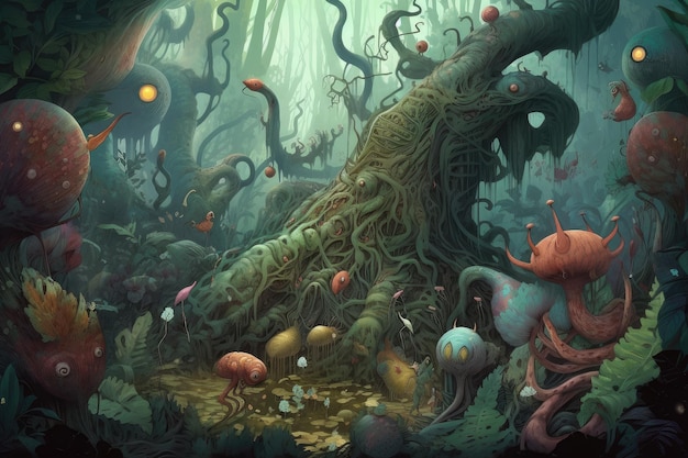 A surreal forest filled with creatures and plants of mythical proportions