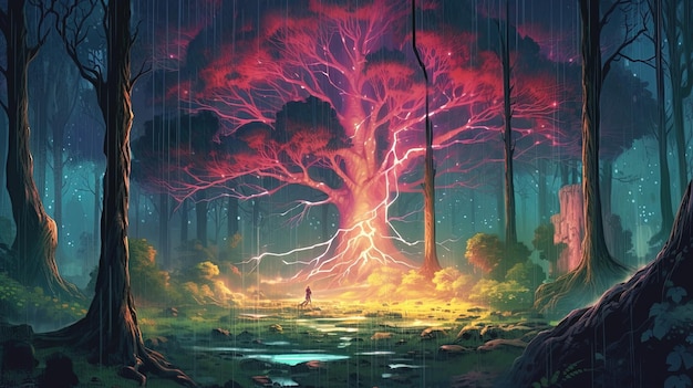 A surreal forest with trees lightning bolts Fantasy concept Illustration painting Generative AI