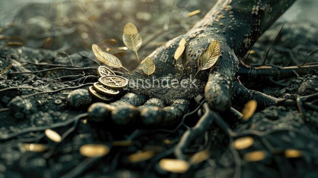 Surreal fusion of hands coins and tree