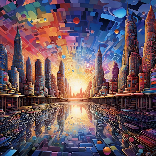 Surreal Futuristic Cityscape with Colorful Fractal Skyscrapers