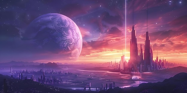 Surreal futuristic cityscape with energy beam tower and intergalactic planet landscape in a scifi setting Concept Scifi Cityscape Futuristic Technology Intergalactic Landscapes